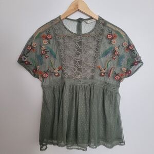 Zara Olive Green Lace Sheer Blouse Floral Embroidery Size XS Baby Doll Mesh Y2k